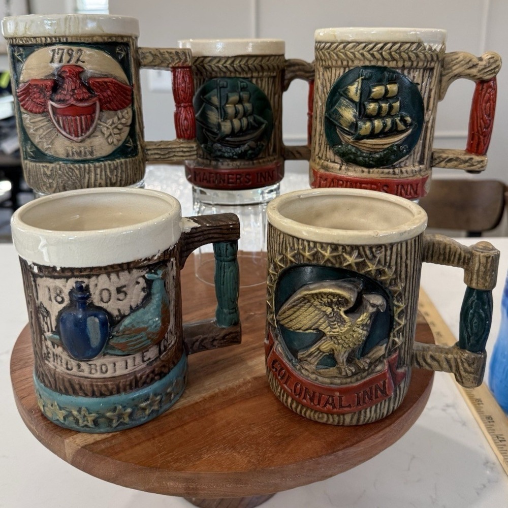 Napcoware Lot 5‎ Ceramic Mugs Inn's /Birds Nautical Vintage Japan 60's-70's